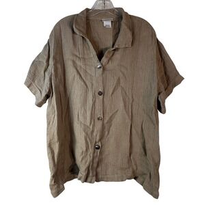 Hot Cotton by Marc Ware Womens Medium Tan 100% Linen Textured Button Down Shirt